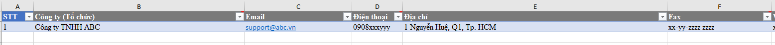 Thêm Công ty / Tổ chức từ file Excel