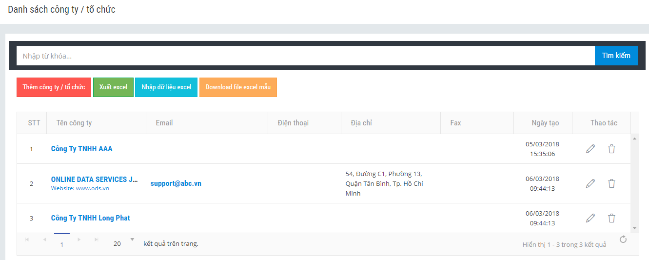 Chọn “Nhập dữ liệu excel” để tải danh sách tên công ty lên trang.