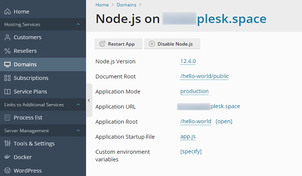 Bật hỗ trợ Node.js trên Domains.