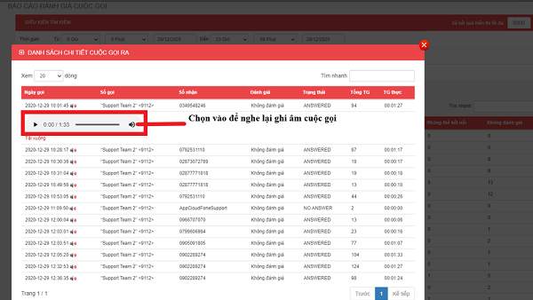 Hiển thị chi tiết thông tin và có thể nghe lại ghi âm của từng cuộc gọi