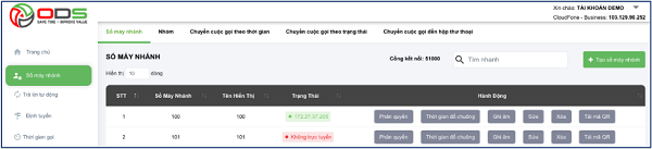 Giao diện và nút tạo số máy nhánh